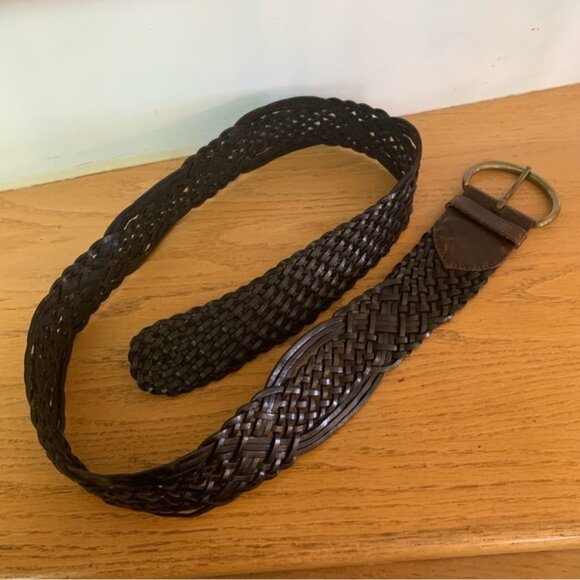 Theory women’s black leather braided wide belt size medium / Large gold buckle - Picture 1 of 5
